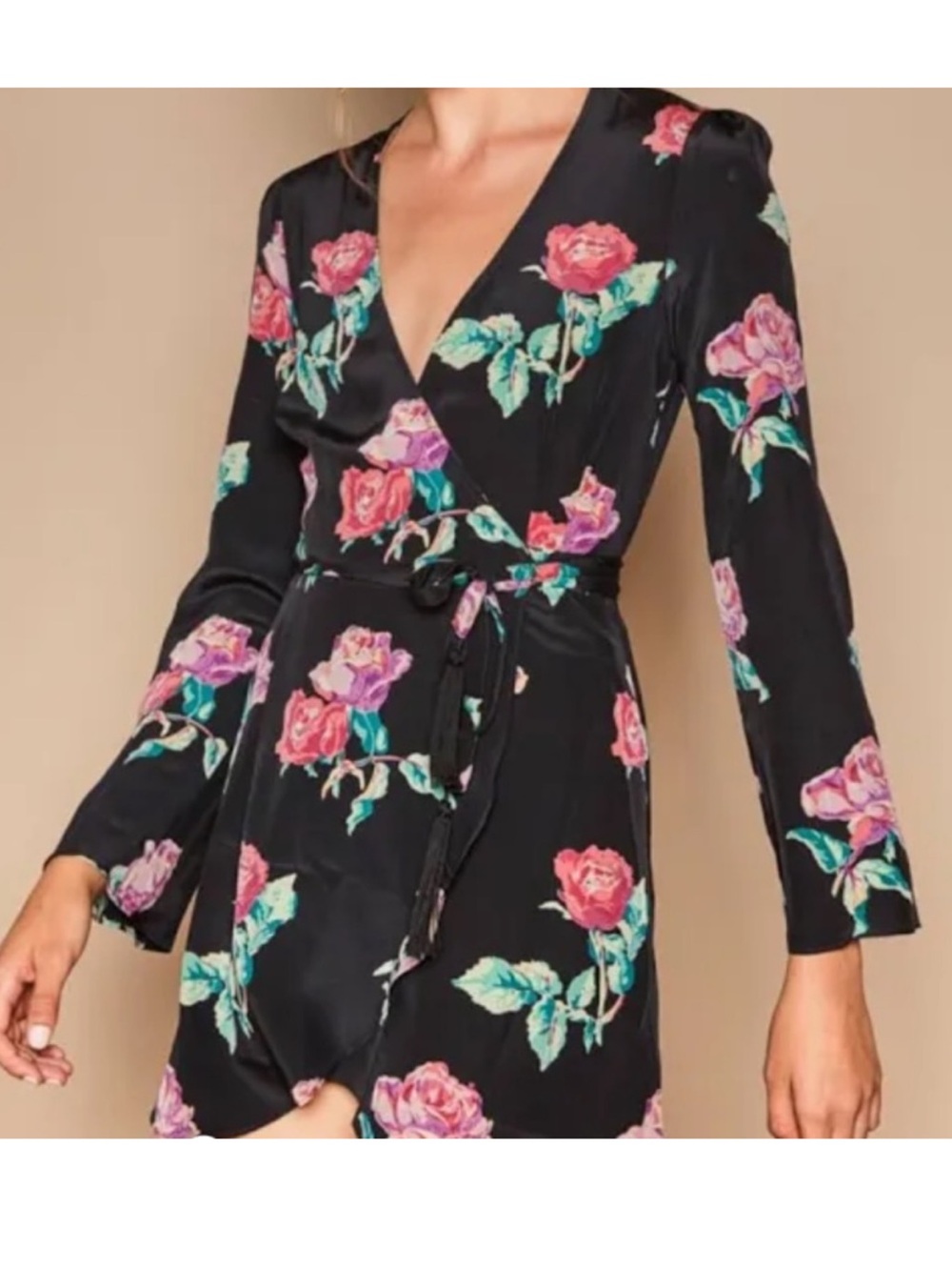 Stone Cold Fox Kai Mini Wrap Dress with Pink Peonies 100% Silk